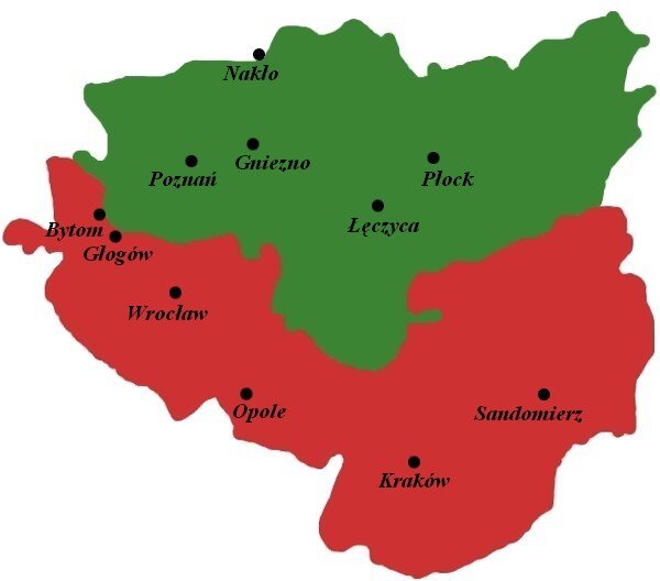 Mapa podziału Księstwa Polskiego w 1102, po śmierci Władysława I Hermana