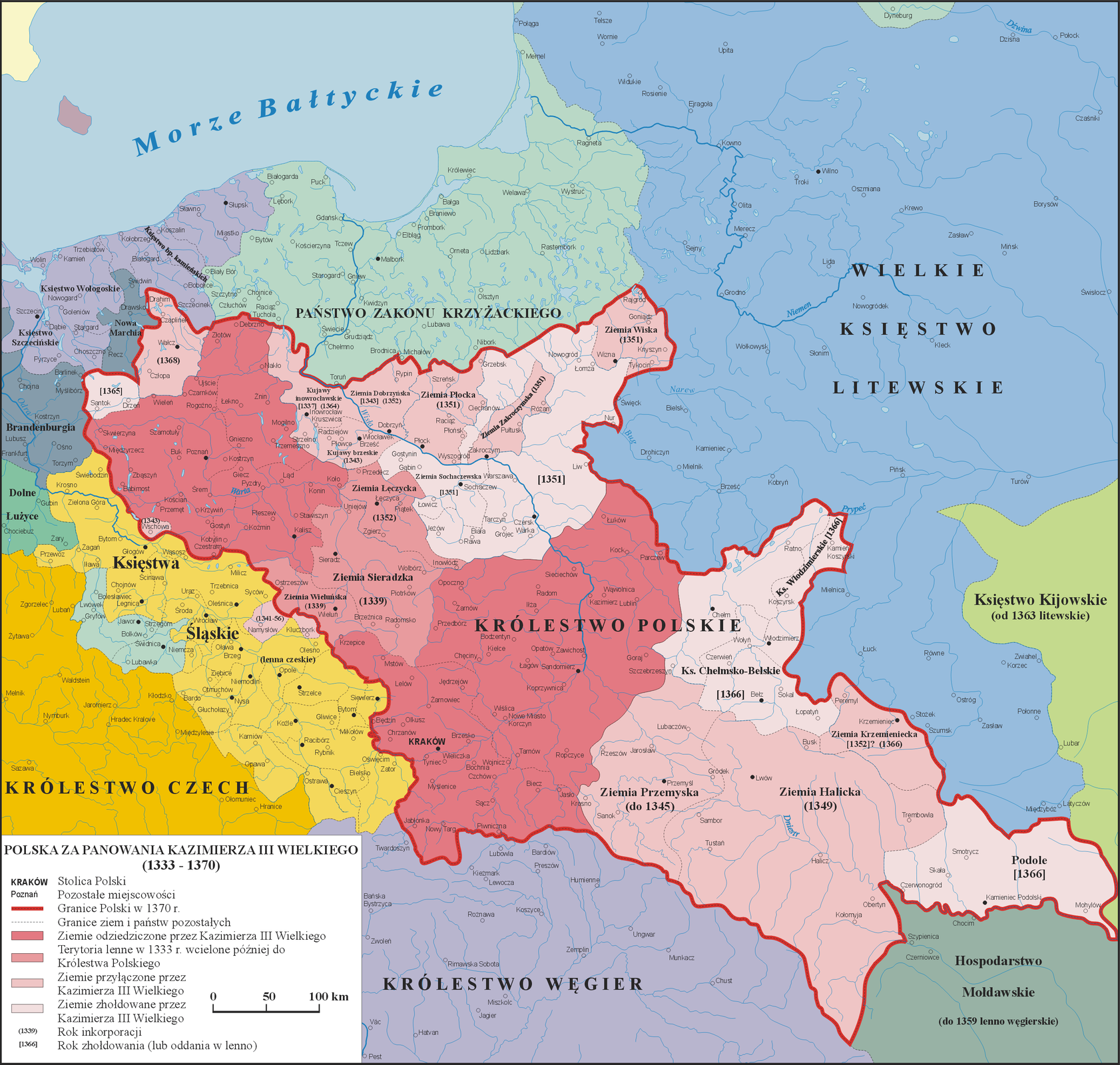 Mapa przedstawiająca Polskę za panowania Kazimierza Wielkiego.