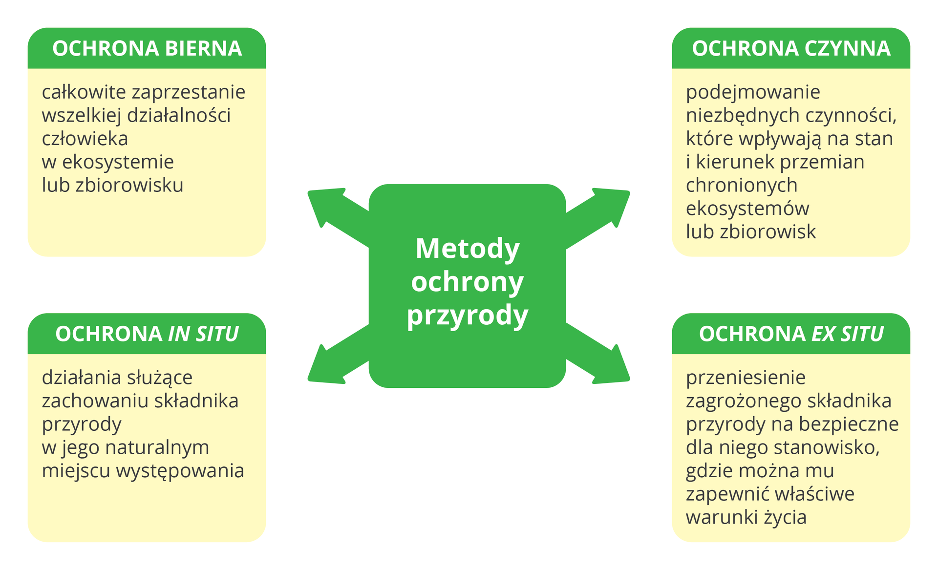 Ilustracja przestawia schemat blokowy. W centrum zielony kwadrat z białym napisem: metody ochrony. Od niego strzałki do czterech metod, symbolizowanych przez czworokąty z zielonymi nagłówkami i białymi napisami. Pod nagłówkami opis każdej metody.