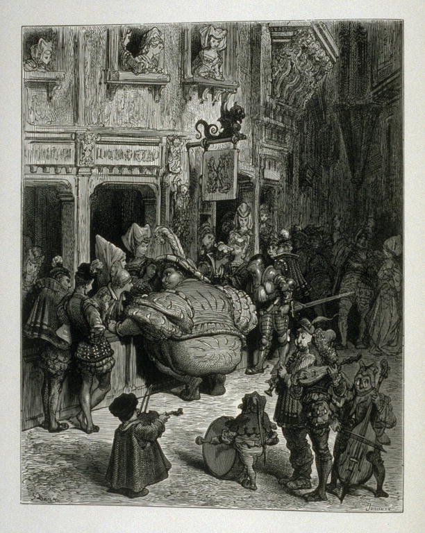 Gargantua i Pantagruel - ilustracja do ksiązki Źródło: Gustave Doré, Gargantua i Pantagruel - ilustracja do ksiązki, 1873, domena publiczna.