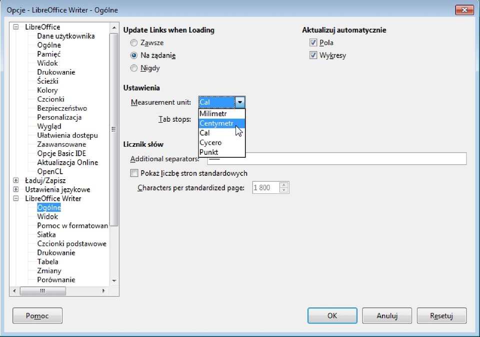 Zrzut okna: Opcje w programie LibreOffice Writer