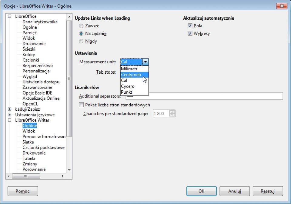 Zrzut okna: Opcje w programie LibreOffice Writer