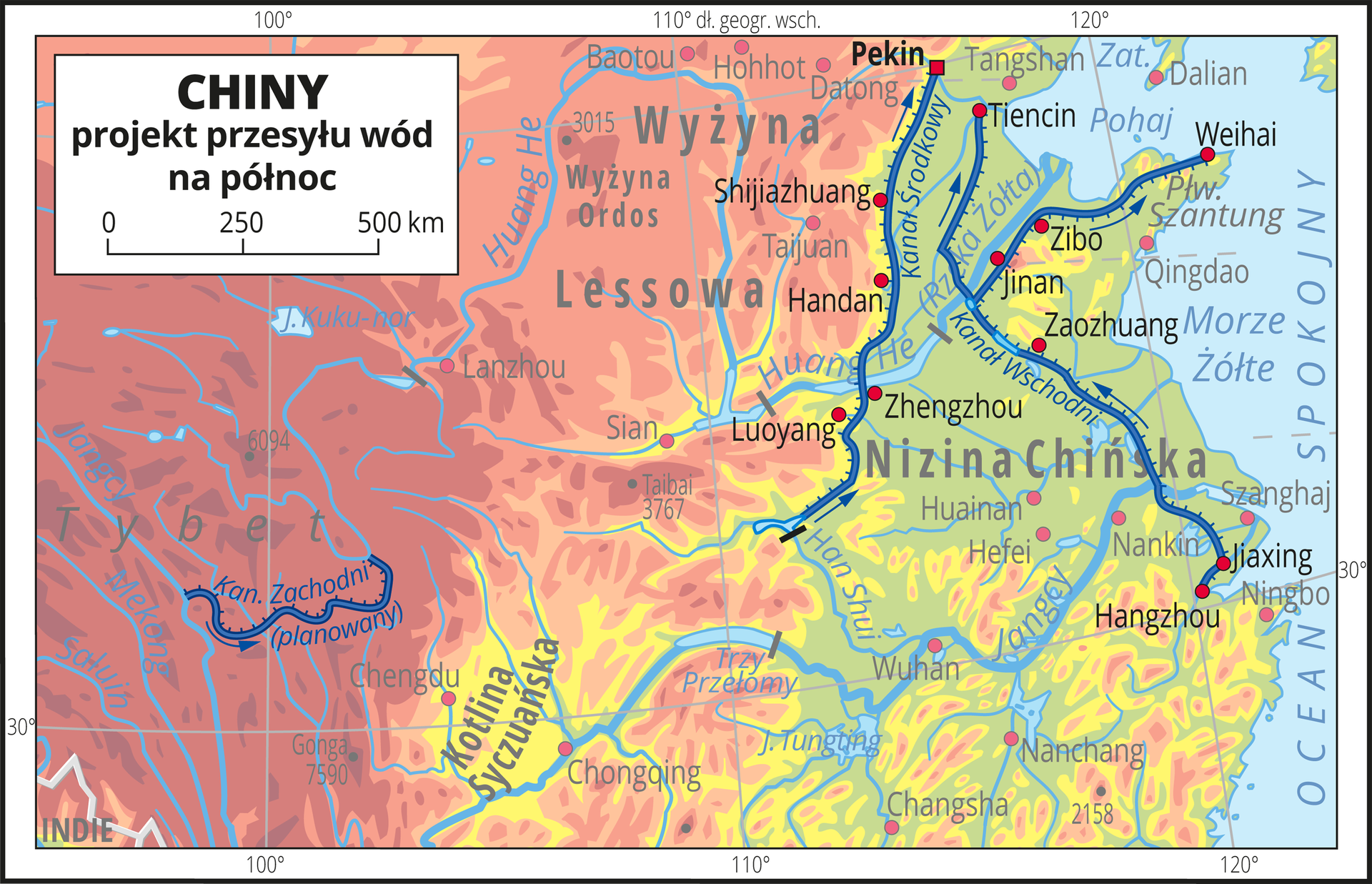 Ilustracja przedstawia fragment obszaru Chin z systemem kanałów umożliwiającym przesył wód na północ.Tłem ilustracji jest rozjaśniona mapa hipsometryczna, na której mocniej zaznaczono trzy kanały prowadzące wodę z rzek znajdujących się na południu do rzek płynących na północy. Kanały mają po kilkaset, a nawet ponad tysiąc kilometrów. Przy kanałach oznaczono strzałkami kierunek przesyłu wód.Mapa pokryta jest równoleżnikami i południkami. Dookoła mapy w białej ramce opisano współrzędne geograficzne co dziesięć stopni.