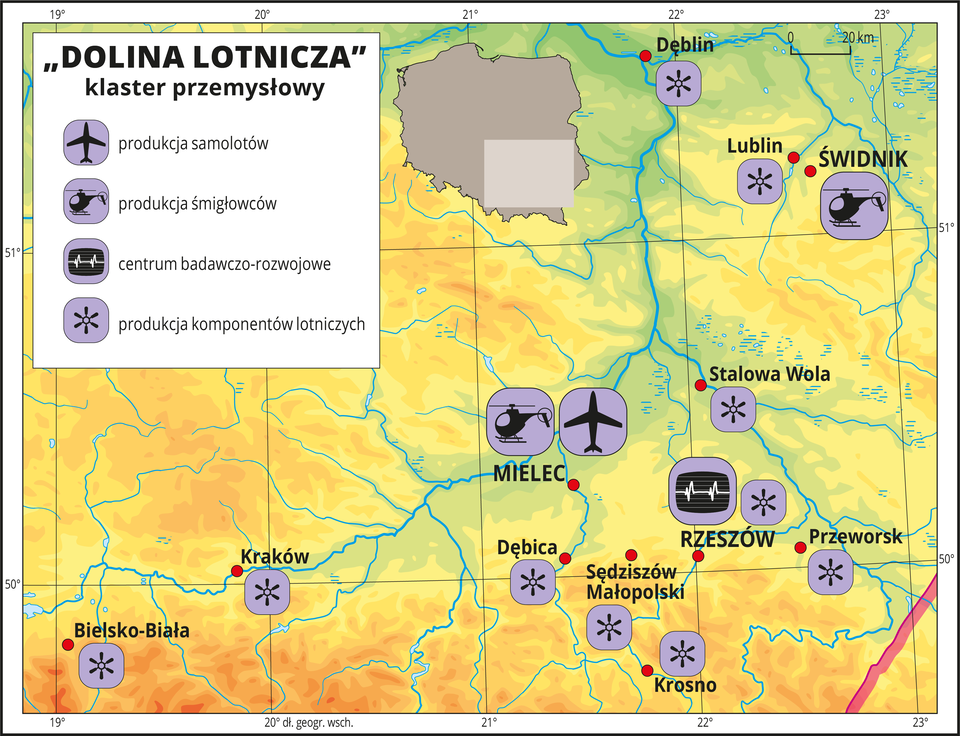 Ilustracja przedstawia mapę „doliny lotniczej” zlokalizowanej w południowo-wschodniej Polsce w rejonie Rzeszowa. Na mapie za pomocą sygnatur przedstawiono koncentrację firm przemysłu lotniczego oraz centrum badawczo-rozwojowe. W Mielcu jest fabryka samolotów i śmigłowców, a w Świdniku fabryka śmigłowców. Na mapie przedstawiono również dziesięć miast, w których występuje produkcja komponentów lotniczych.Mapa pokryta jest równoleżnikami i południkami. Dookoła mapy w białej ramce opisano współrzędne geograficzne co jeden stopień.W legendzie mapy objaśniono znaki użyte na mapie: produkcja samolotów, produkcja śmigłowców, produkcja komponentów lotniczych, centrum badawczo-rozwojowe.