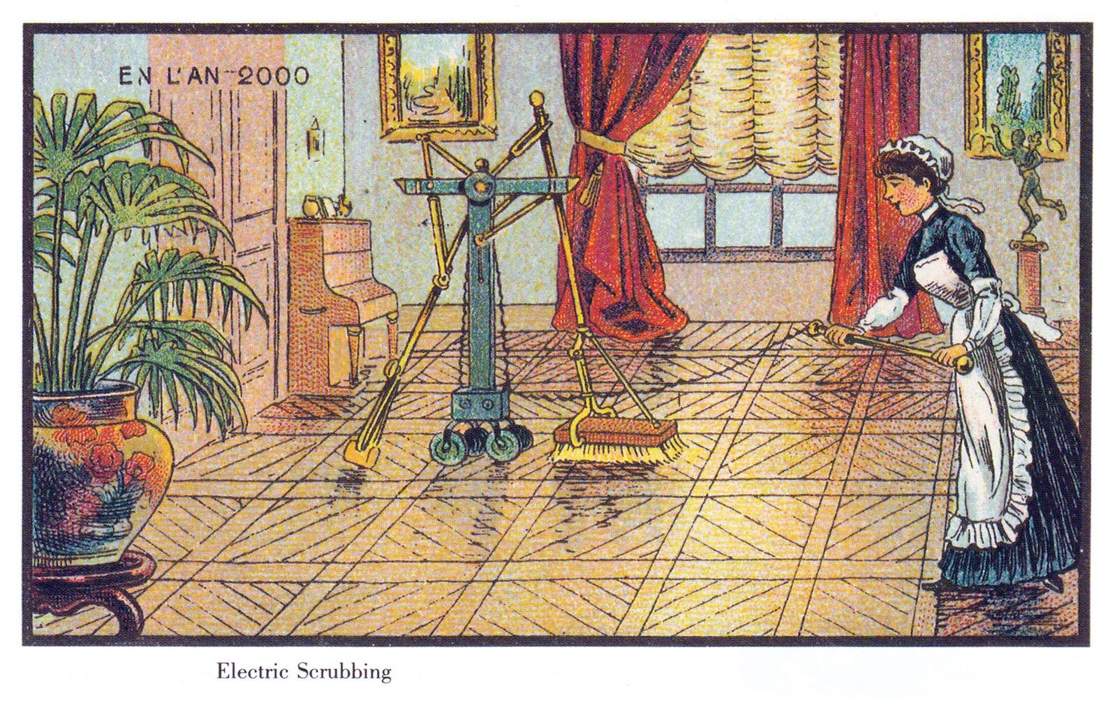 Francja w roku 2000. Elektryczna froterka Źródło: Jean Marc Cote, Francja w roku 2000. Elektryczna froterka, 1899, domena publiczna.