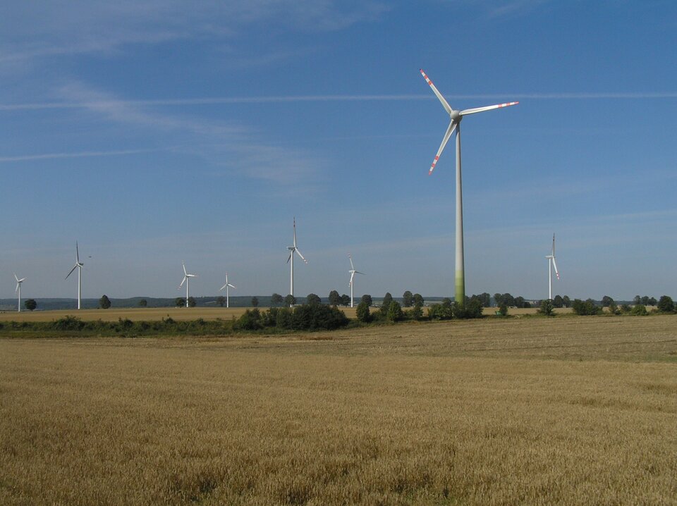 Na zdjęciu kilka wysokich białych turbin wiatrowych w rozległym terenie rolniczym.