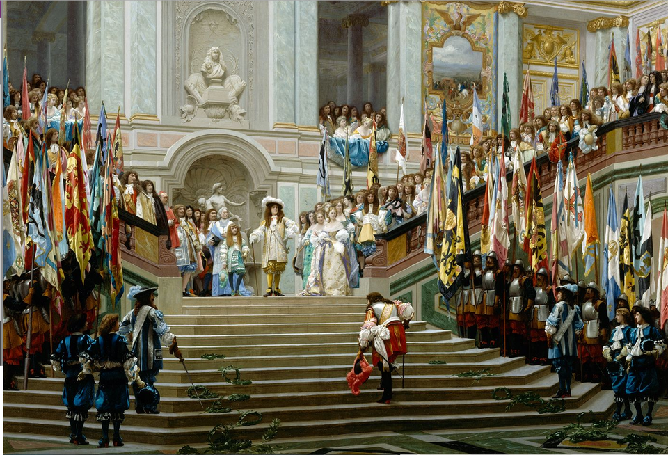 Obraz namalowany w 1878 r. pokazuje przyjęcie Wielkiego Kondeusza w Wersalu przez Ludwika XIV. Kondeusz był głównym przywódcą tzw. „frondy książęcej” i walczył z absolutyzmem reprezentowanym wówczas przez pierwszego ministra, kardynała Mazariniego. Autorem jest malarz Jean-Léon Gérôme (1824-1904). Zwróć uwagę, że obraz miał również aktualną dla czasu powstania wymowę. W 1871 r. Niemcy podyktowały w Wersalu Francji upokarzający pokój i ogłosiły powstanie zjednoczonego Cesarstwa Niemiec. Obraz miał przypomnieć chwilę triumfu państwa francuskiego, ale też pokazać, że dawny triumfatorzy będą musieli się ukorzyć przed Majestatem Francji. Obraz namalowany w 1878 r. pokazuje przyjęcie Wielkiego Kondeusza w Wersalu przez Ludwika XIV. Kondeusz był głównym przywódcą tzw. „frondy książęcej” i walczył z absolutyzmem reprezentowanym wówczas przez pierwszego ministra, kardynała Mazariniego. Autorem jest malarz Jean-Léon Gérôme (1824-1904). Zwróć uwagę, że obraz miał również aktualną dla czasu powstania wymowę. W 1871 r. Niemcy podyktowały w Wersalu Francji upokarzający pokój i ogłosiły powstanie zjednoczonego Cesarstwa Niemiec. Obraz miał przypomnieć chwilę triumfu państwa francuskiego, ale też pokazać, że dawny triumfatorzy będą musieli się ukorzyć przed Majestatem Francji. Źródło: Jean-Léon Gérôme, 1878, domena publiczna.