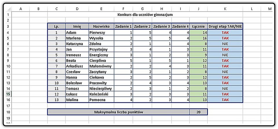 Zrzut tabeli z przykładowym efektem