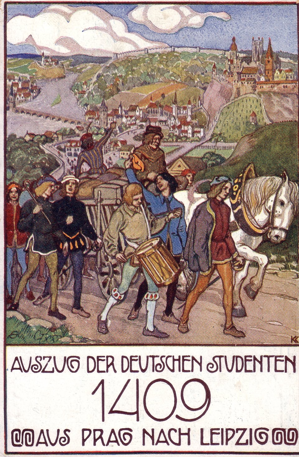 Plakat upamiętniający rozpad Uniwersytetu w Pradze Plakat upamiętniający rozpad Uniwersytetu w Pradze po wydaniu dekretu przyznającego większość głosów wspólnocie czeskiej. Znaczna część profesorów i studentów udała się do Lipska, gdzie powstał nowy uniwersytet. Źródło: Plakat upamiętniający rozpad Uniwersytetu w Pradze, przed 1912, domena publiczna.