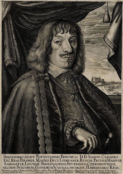 Portret króla Jana Kazimierza wykonany przez tego samego artystę. Portret króla Jana Kazimierza wykonany przez tego samego artystę. Źródło: Willem Hondius, 1649, domena publiczna.