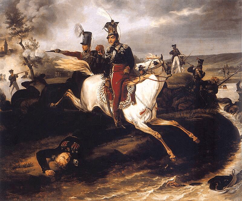 Śmierć księcia Józefa Poniatowskiego Źródło: January Suchodolski, Śmierć księcia Józefa Poniatowskiego, przed 1830, domena publiczna.