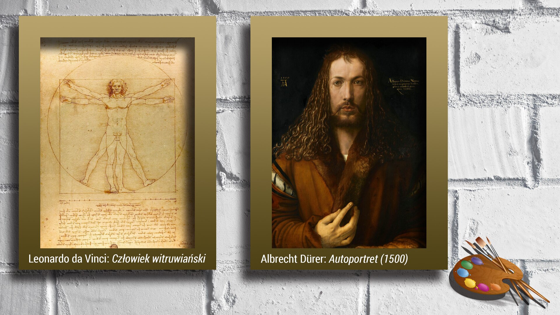 Poniżej druga ilustracja zawierająca dwa obrazy. Pierwszy po lewej to dzieło Leonarda da Vinci, „Człowiek witruwiański”. Przedstawia nagiego mężczyznę w dwóch nałożonych na siebie pozycjach wpisanych w okrąg i w kwadrat, najbardziej realne odzwierciedlenie idealnych proporcji ludzkiego ciała. Po prawej znajduje się malowidło Albrechta Dürera „Autoportret” przedstawiające długowłosego mężczyznę z zarostem na twarzy, ubranego w brązowe szaty charakterystyczne dla piętnastego wieku.