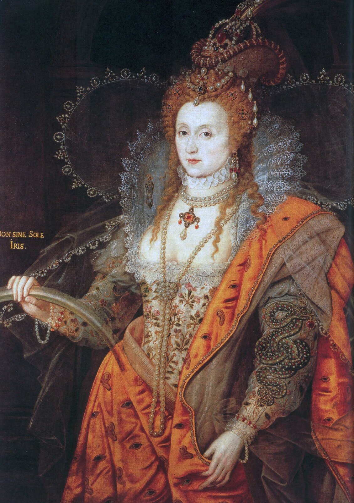 Tęczowy portret królowej Elżbiety I Źródło: Isaac Oliver, Tęczowy portret królowej Elżbiety I, ok. 1600–1602, olej na płótnie, kolekcja markiza Salisbury w Hatfield House (Anglia), domena publiczna.