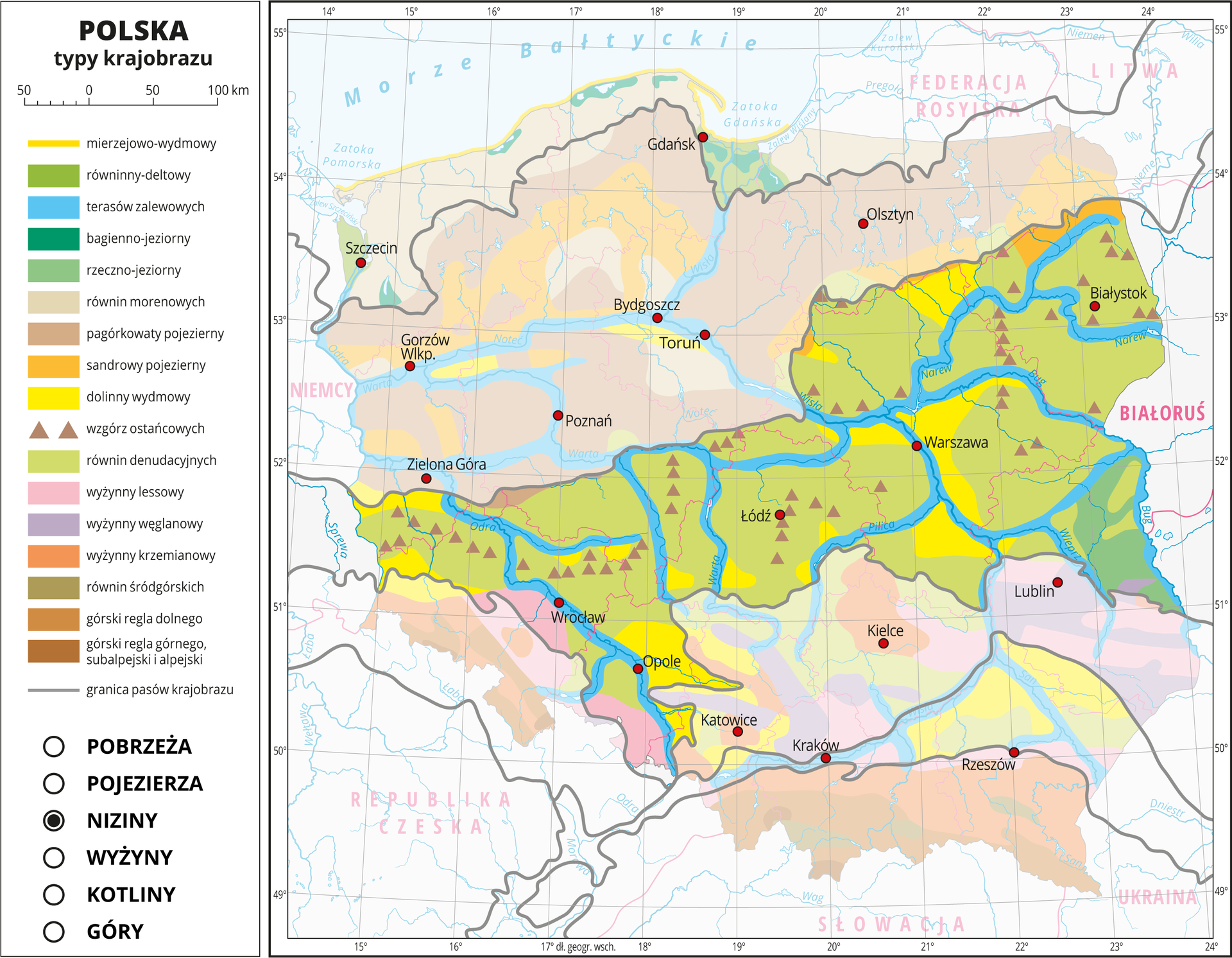 Ilustracja przedstawia mapę Polski. Na mapie za pomocą kolorów przedstawiono typy krajobrazu. Na mapie przedstawiono i opisano rzeki i jeziora, miasta, przedstawiono granice Polski i granice województw, opisano nazwy państw sąsiadujących. Szarymi liniami przedstawiono granice pasów krajobrazu. Mapa składa się z warstw, które można dowolnie wyłączać. Na kolejnych warstwach przedstawiono jakie typy krajobrazu występują w poszczególnych pasach rzeźby terenu, wśród których wydzielono: pobrzeża, pojezierza, niziny, wyżyny, kotliny i góry. Warstwa nizin: W pasie nizin przeważa kolor jasnozielony obrazujący krajobraz równin denudacyjnych, oznaczony kolorem żółtym krajobraz dolinny wydmowy. Kolorem niebieskim przedstawiono krajobraz terasów zalewowych w dolinach rzek. Liczne są wzgórza ostańcowe przedstawione za pomocą sygnatury trójkąta. Na styku z pasem gór w zachodniej część Polski występuje krajobraz wyżynny lessowy oznaczony kolorem różowym.