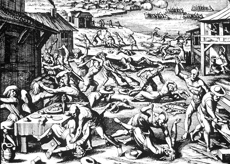 Ilustracja masakry Indian w Jamestown w 1622 r. Ilustracja masakry Indian w Jamestown w 1622 r. Źródło: Matthäus Merian Starszy, 1628, domena publiczna.