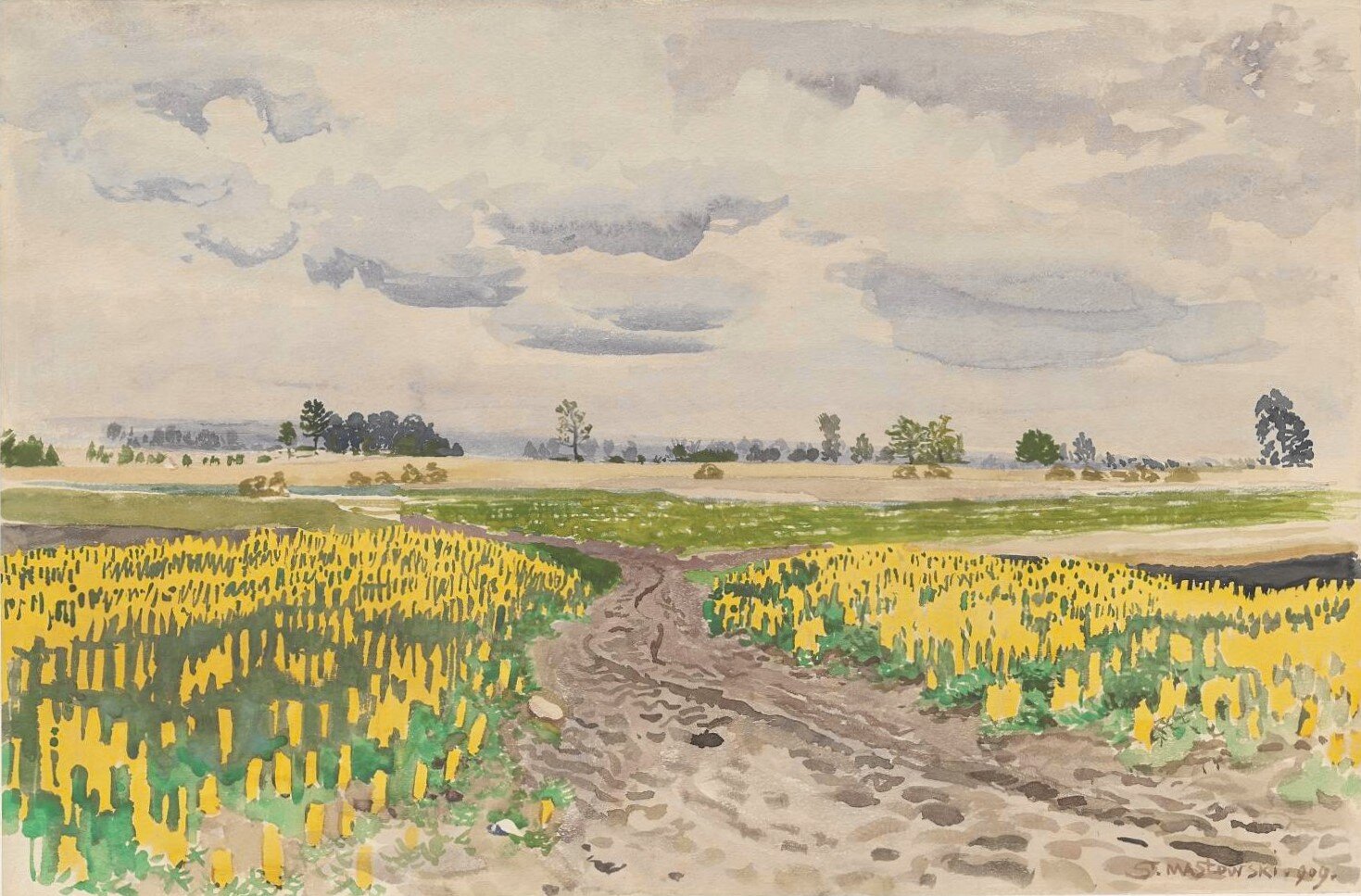 Łubin – droga polna Źródło: Stanisław Masłowski, Łubin – droga polna, 1909, akwarela, domena publiczna.