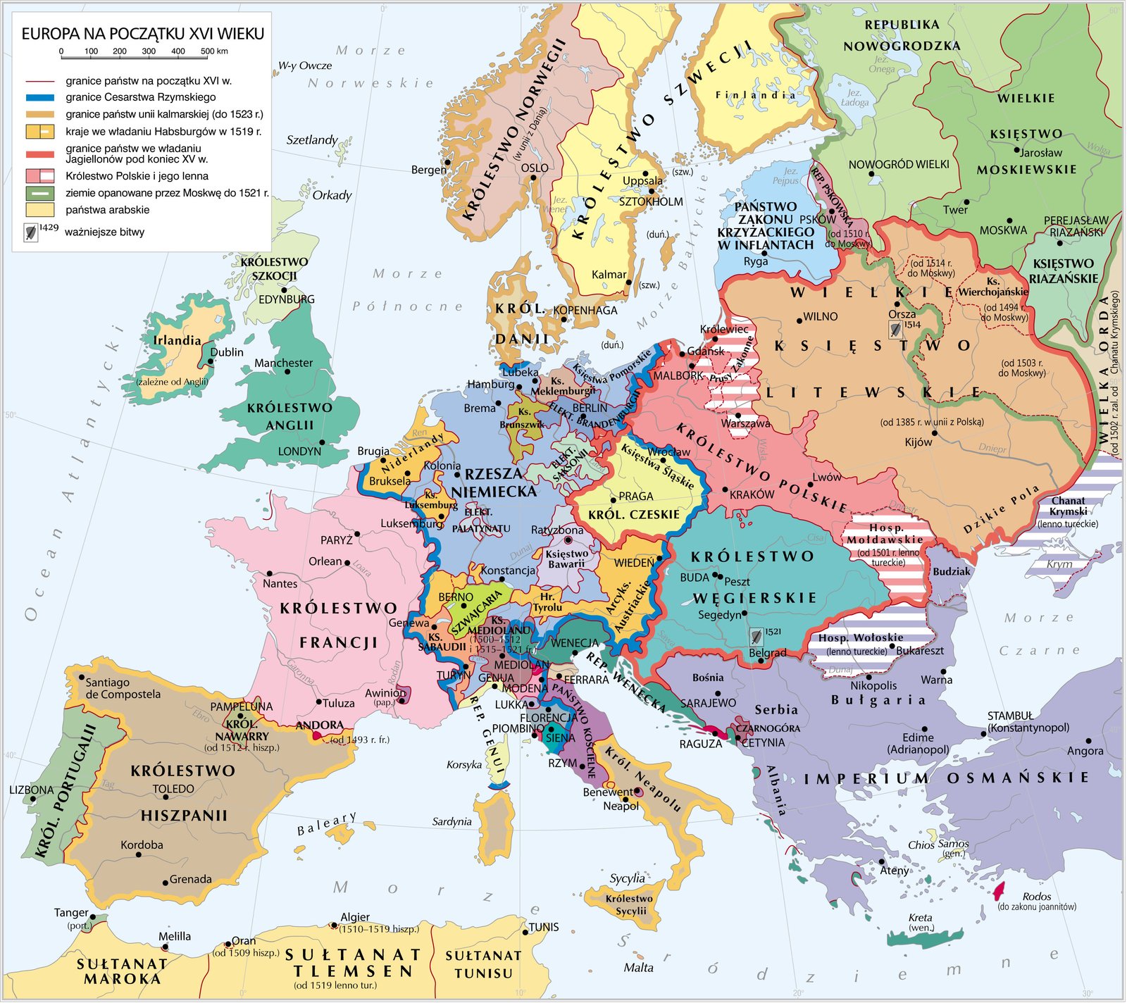 Europa na początku XVI w. Europa na początku XVI w. Źródło: Krystian Chariza i zespół, licencja: CC BY 4.0.