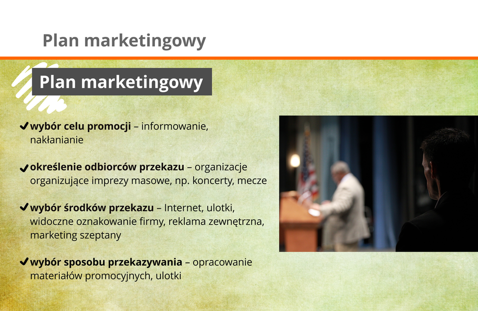 Grafika przedstawia elementy tworzenia planu marketingowego.
