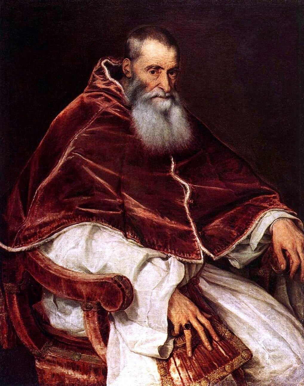 Paweł III (Aleksander Fernese – 1539-1549) Źródło: Titian, Paweł III (Aleksander Fernese – 1539-1549), 1545-1546, olej na płótnie, Museo di Capodimonte, domena publiczna.