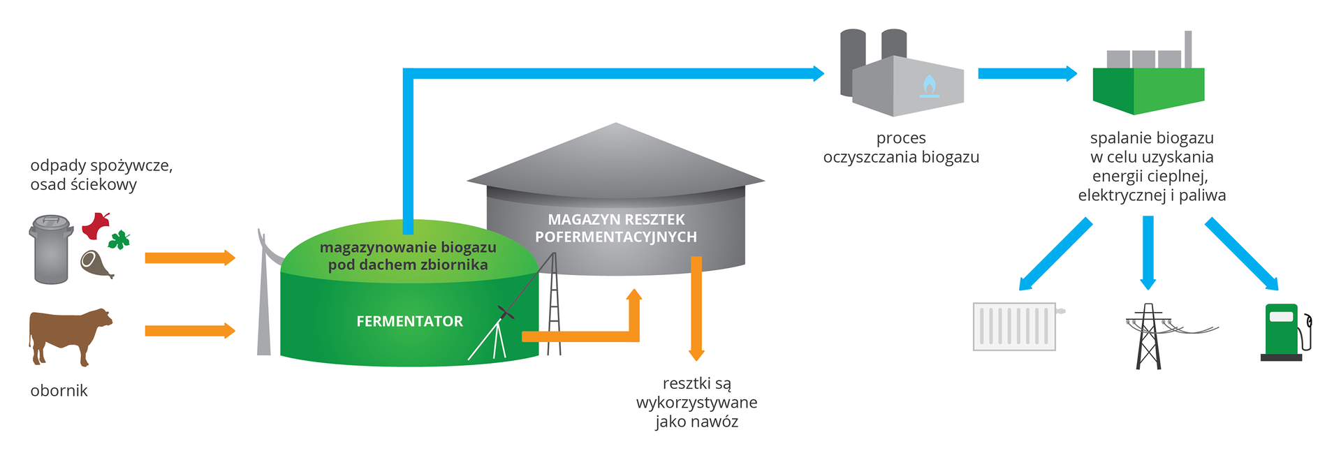 Ilustracja przedstawia urządzenia biogazowi w korach: szarym i zielonym. Z lewej znajdują się małe symbole odpadów spożywczych i obornika jako surowców do produkcji biogazu. Strzałki wskazują kolejne etapy produkcyjne. Po prawej przedstawiono symbole wykorzystania energii ze spalania biogazu: ogrzewanie, produkcję prądu i paliw.