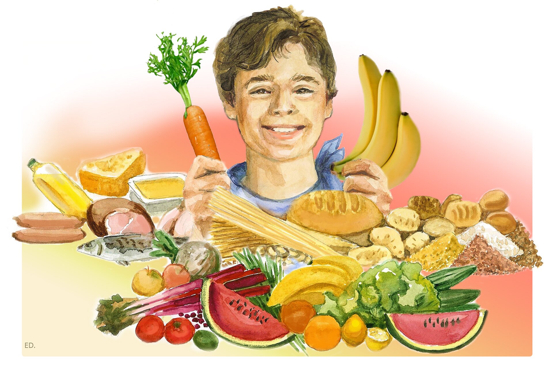 Ilustracja przedstawiająca chłopca prezentującego zdrową żywność