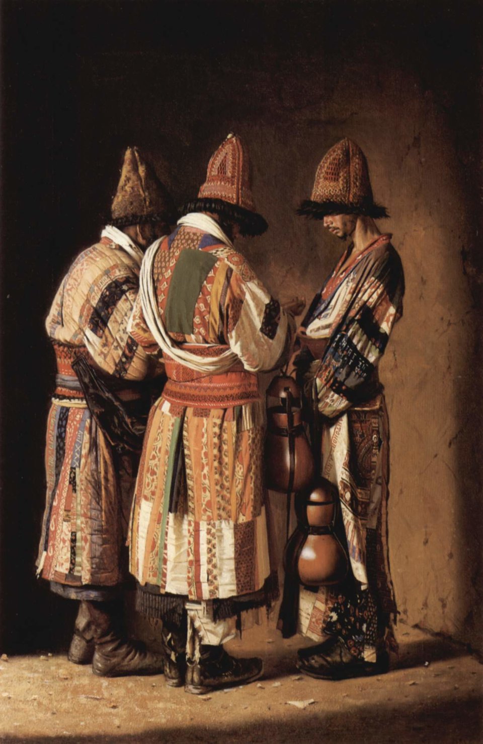 Derwisze Obraz rosyjskiego malarza Wasilija Wereszczagina (1842-1904) przedstawiający derwiszów w odświętnym stroju (1869-1870); obecnie znajduje się w Galerii Trietiakowskiej w Moskwie. Źródło: Vasily Vereshchagin, Derwisze, 1869-1870, olej na płótnie, Tretyakov Gallery, Moscow, domena publiczna.