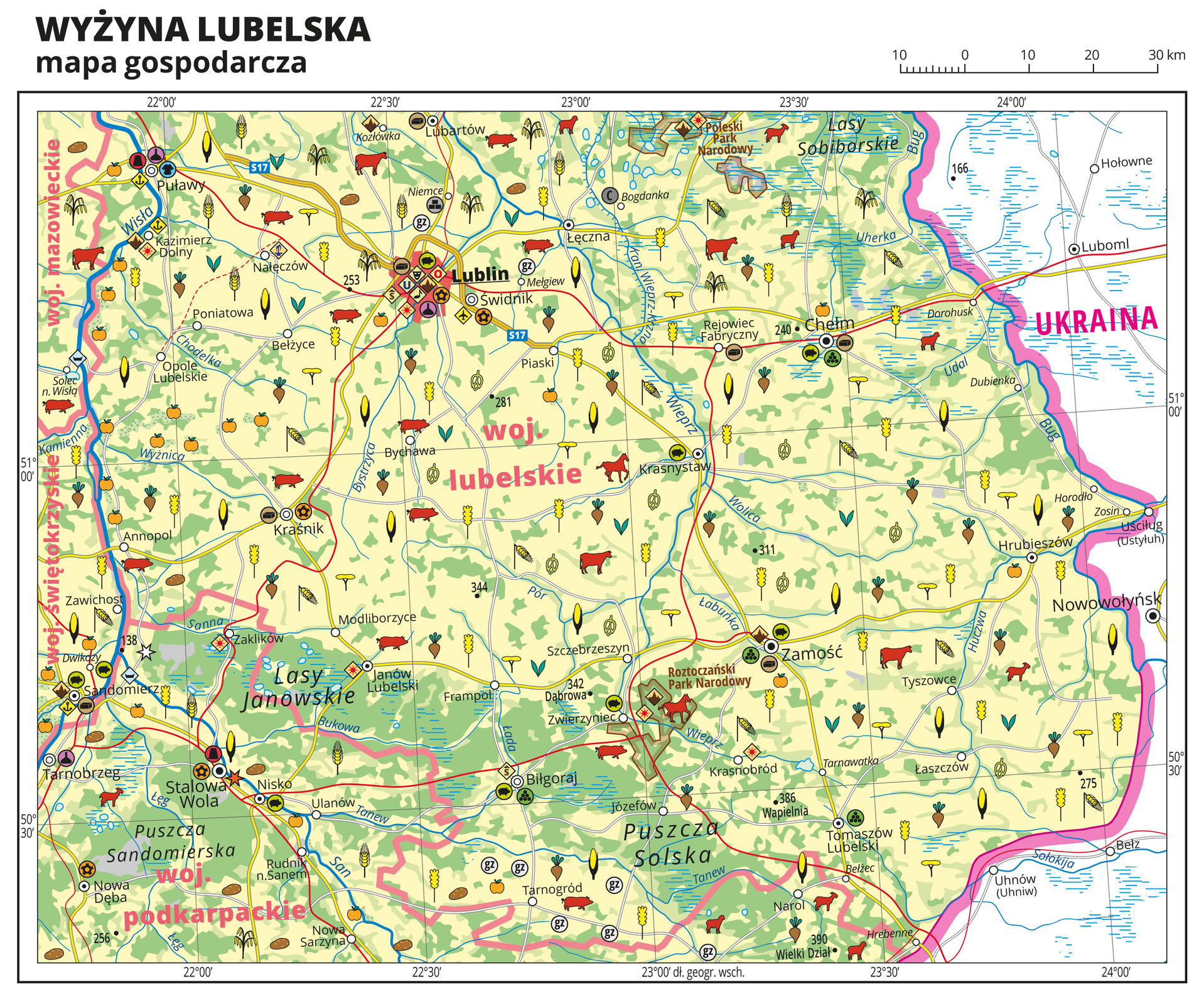 Ilustracja przedstawia mapę gospodarczą Wyżyny Lubelskiej. Tło mapy w kolorze żółtym (grunty orne), jasnozielonym (łąki i pastwiska) i zielonym (lasy). Mapa obejmuje tereny od Puław i Sandomierza na zachodzie po wschodnią granicę Polski z Ukrainą, w centralnej części mapy województwo lubelskie. Na mapie sygnatury obrazujące uprawy poszczególnych roślin, hodowlę zwierząt, przemysł, górnictwo i energetykę, komunikację, turystykę, naukę, kulturę i sztukę. Największe zagęszczenie sygnatur w Lublinie. Duże zagęszczenie sygnatur w Puławach, Sandomierzu, Stalowej Woli, Zamościu i Chełmie. Na obszarze całej mapy rozmieszczone sygnatury hodowli i upraw. Na mapie przedstawiono sieć dróg i kolei, porty wodne i lotnicze, granice województw, granicę państwa. Opisano województwa mazowieckie, świętokrzyskie, podkarpackie i lubelskie. Opisano kompleksy leśne, na przykład Lasy Janowskie i parki narodowe. Opisano Ukrainę. Mapa zawiera południki i równoleżniki, dookoła mapy w białej ramce opisano współrzędne geograficzne co trzydzieści minut.