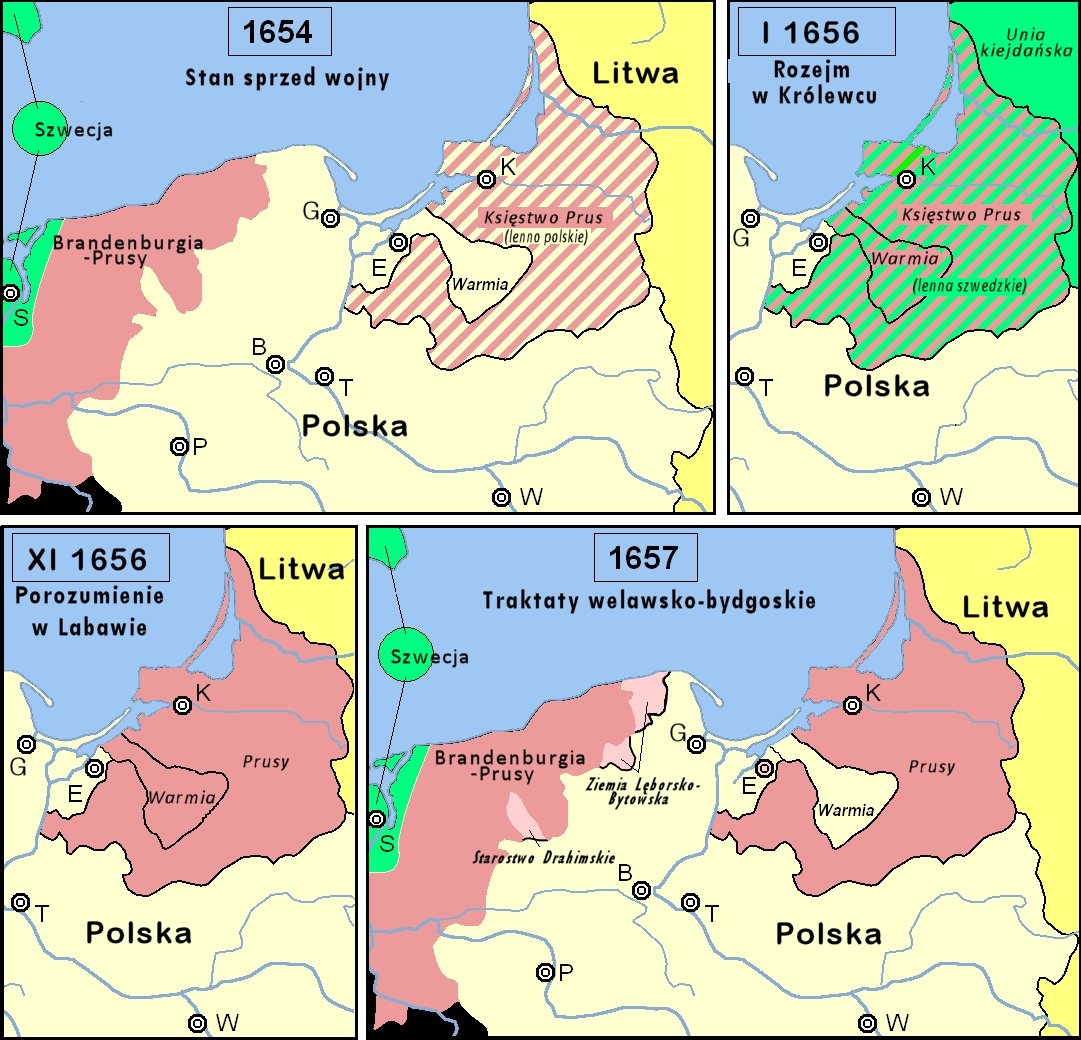 Mapy ukazujące fazy uwalniania się Prus Książęcych spod zależności lennej od Polski w czasie trwania „potopu szwedzkiego” Mapy ukazujące fazy uwalniania się Prus Książęcych spod zależności lennej od Polski w czasie trwania potopu szwedzkiego.1654 - stan sprzed „potopu”; 17 stycznia 1656 – traktat elektora Fryderyka Wilhelma ze Szwecją w Królewcu – powiązanie Księstwa Pruskiego, powiększonego o biskupstwo warmińskie, zależnością lenną ze Szwecją; 20 listopada 1656 – po zwycięstwie w bitwie warszawskiej i w uznaniu zasług elektora Szwecja uwolniła Fryderyka Wilhelma z zależności lennej od Szwecji w Prusach Książęcych i księstwie warmińskim; 18 września 1657 – traktat welawski – Polska zrzekała się zależności lennej z księstwa Pruskiego i przelała je na Fryderyka Wilhelma (z wyłączeniem biskupstwa warmińskiego); 6 listopada 1657 – w traktatach bydgoskich potwierdzono ustalenia z Welawy i zawarto wieczysty sojusz z Księstwem Pruskim; 3 maja 1660 – traktat pokojowy w Oliwie – potwierdzał traktaty welawsko-bydgoskie. S - Szwecja; W - Warszawa; B - Bydgoszcz; G - Gdańsk; E - Elbląg; K - Królewiec; P - Poznań; T - Toruń. Źródło: Skäpperöd, Mapy ukazujące fazy uwalniania się Prus Książęcych spod zależności lennej od Polski w czasie trwania „potopu szwedzkiego”, licencja: CC BY-SA 3.0.
