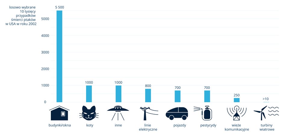 Diagram słupkowy przedstawia antropogeniczne przyczyny śmiertelności ptaków w USA w 2002 roku. Losowo wybrano 10 tysięcy przypadków śmierci ptaków i w postaci błękitnych słupków przedstawiono ilość śmierci w zależności od przyczyny. Na dole znajdują się czarne sylwetki, symbolizujące przyczynę śmierci ptaków.