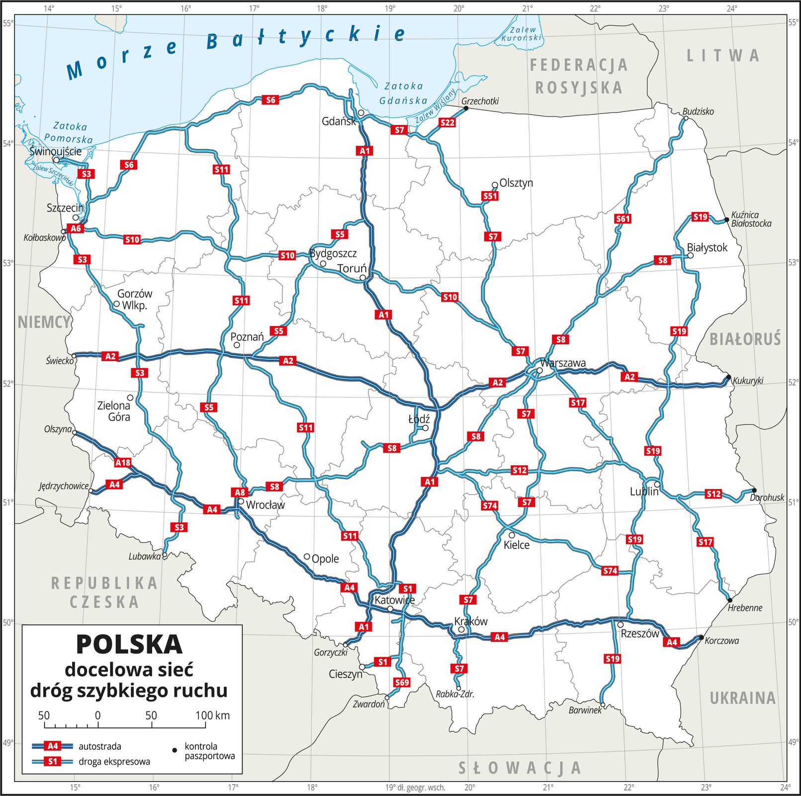 Ilustracja przedstawia mapę Polski z podziałem na województwa i obrazuje docelową sieć dróg szybkiego ruchu. Tło mapy jest w kolorze białym. Granice województw zaznaczone są szarą linią. Białymi kropkami zaznaczono miasta wojewódzkie. Czarnymi kropkami oznaczono kontrole paszportowe na wschodniej granicy Polski z Białorusią i Ukrainą. Autostrady oznaczono ciemnoniebieskimi liniami. Na mapie zobrazowano trzy autostrady: pierwsza z północy na południe na trasie Gdańsk–Katowice i dalej do granicy Polski z Czechami , druga z zachodu na wschód w centralnej części Polski ze Świecka przez Poznań, Łódź i Warszawę do Kukuryków na granicy z Białorusią, trzecia z zachodu na wschód na południu Polski – z Olszyny i Jędrzychowic przez Katowice, Kraków i Rzeszów do Korczowej na granicy z Ukrainą. Drogi ekspresowe oznaczono kolorem jasnoniebieskimi. Ich sieć łączy głównie miasta wojewódzkie. Są rozmieszczone równomiernie, najrzadsza sieć tych dróg jest na północnym-wschodzie na Pomorzu Mazurskim. Na autostradach i drogach ekspresowych umieszczono czerwone tabliczki z numerami dróg. Mapa pokryta jest równoleżnikami i południkami. Dookoła mapy w białej ramce opisano współrzędne geograficzne co jeden stopień. W legendzie opisano znaki użyte na mapie.