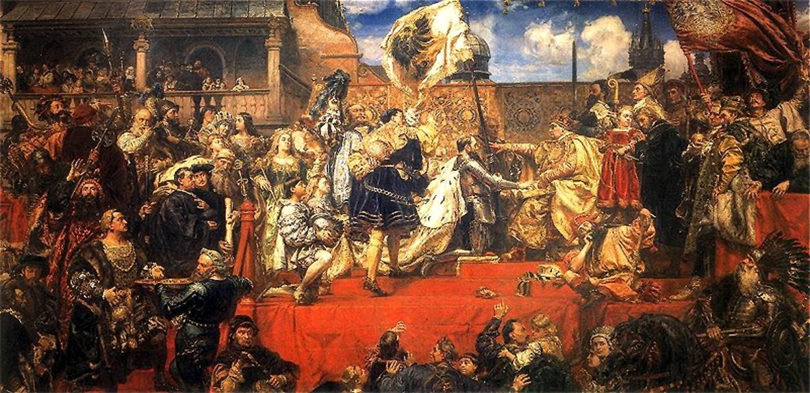 Hołd Pruski Obraz namalowany w 1882 przez Jana Matejkę przedstawiający „Hołd pruski” w Krakowie w 1525 r. Źródło: Jan Matejko, Hołd Pruski, 1882, olej na płótnie, Muzeum Narodowe w Krakowie, domena publiczna.