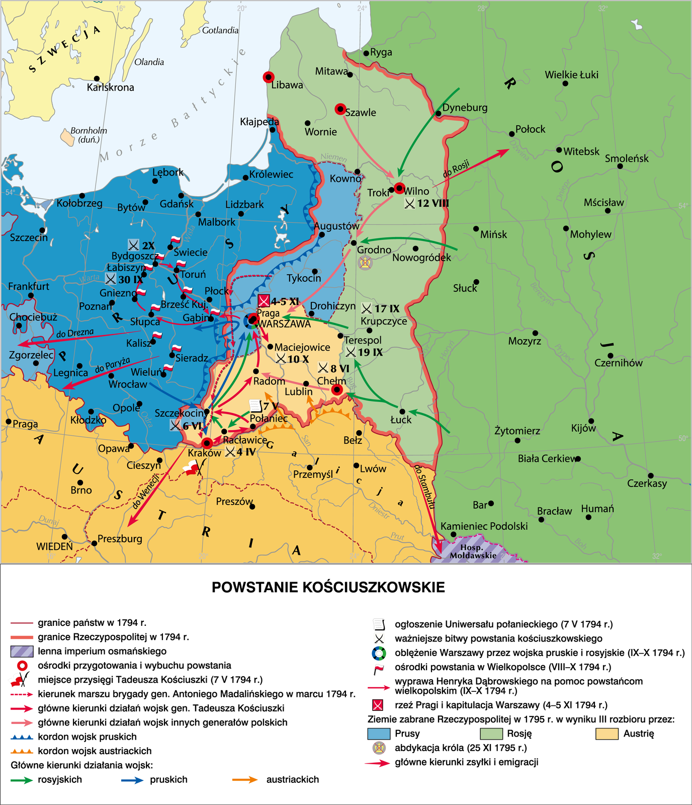 Mapa działań wojennych podczas insurekcji kościuszkowskiej w 1794 r. Mapa działań wojennych podczas insurekcji kościuszkowskiej w 1794 r. Źródło: Contentplus.pl sp. z o.o., licencja: CC BY-SA 4.0.