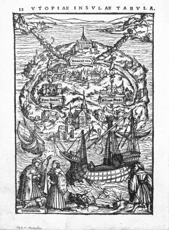 Wyspia Utopia Źródło: Ambrosius Holbein, Wyspia Utopia, 1518, drzeworyt, Kunstmuseum Basel, domena publiczna.