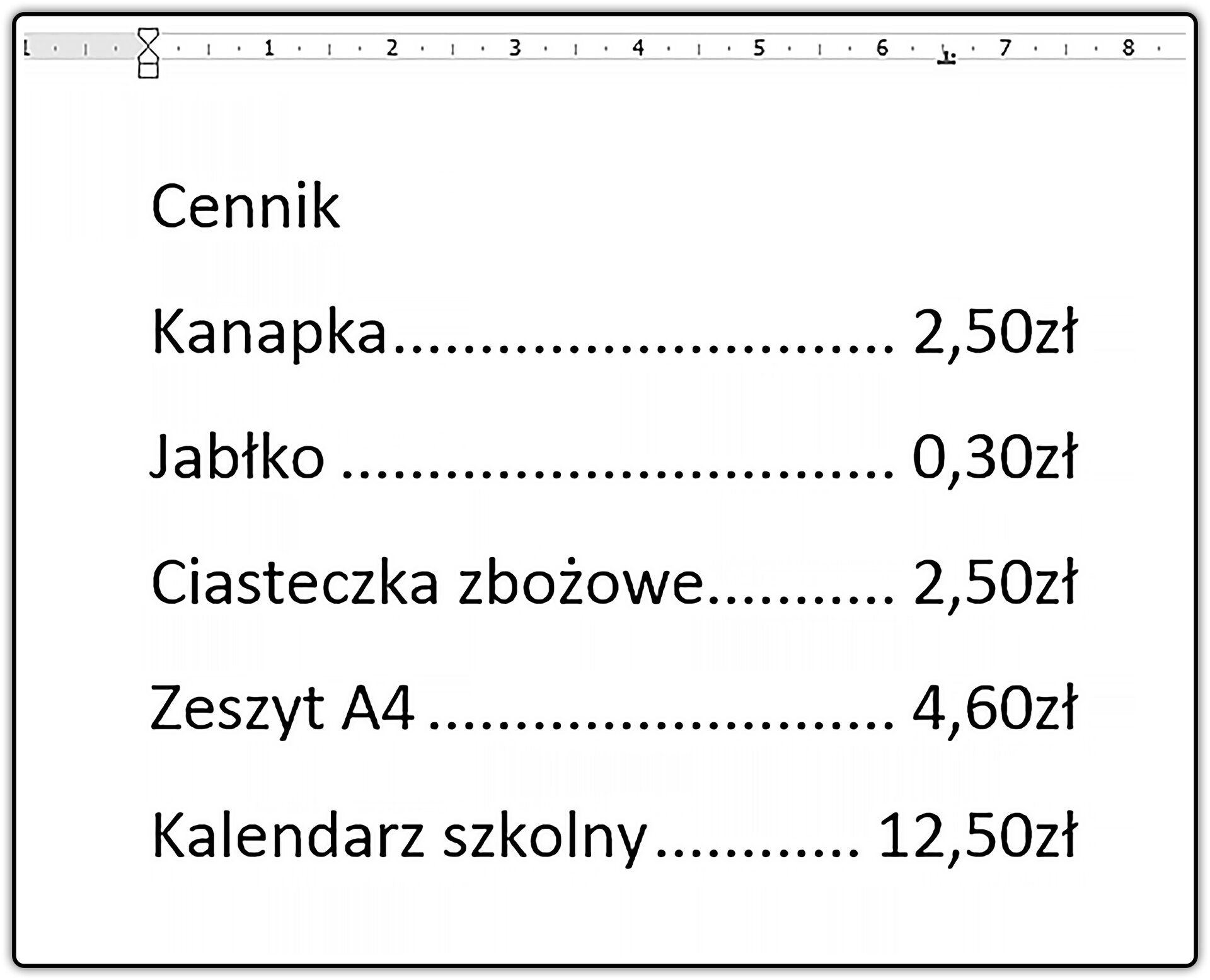 Zrzut dokumentu z fragmentem cennika z zastosowaniem znaków wiodących tabulatora
