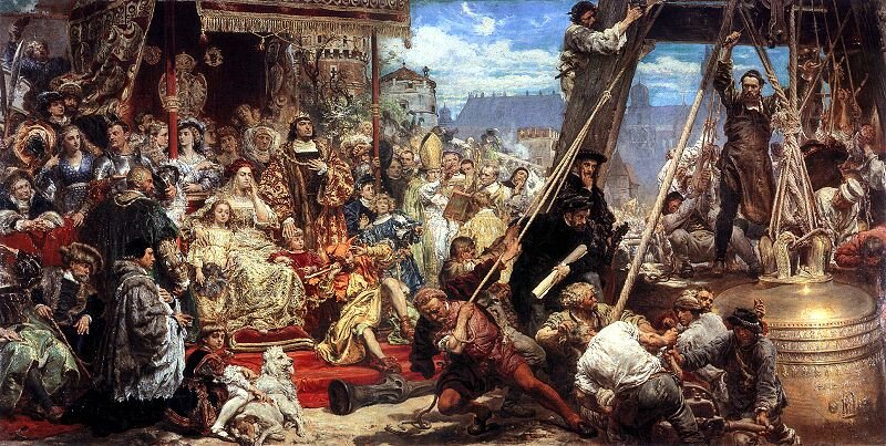 Zawieszenie dzwonu Zygmunta Źródło: Jan Matejko, Zawieszenie dzwonu Zygmunta, 1874, olej na płótnie, domena publiczna.
