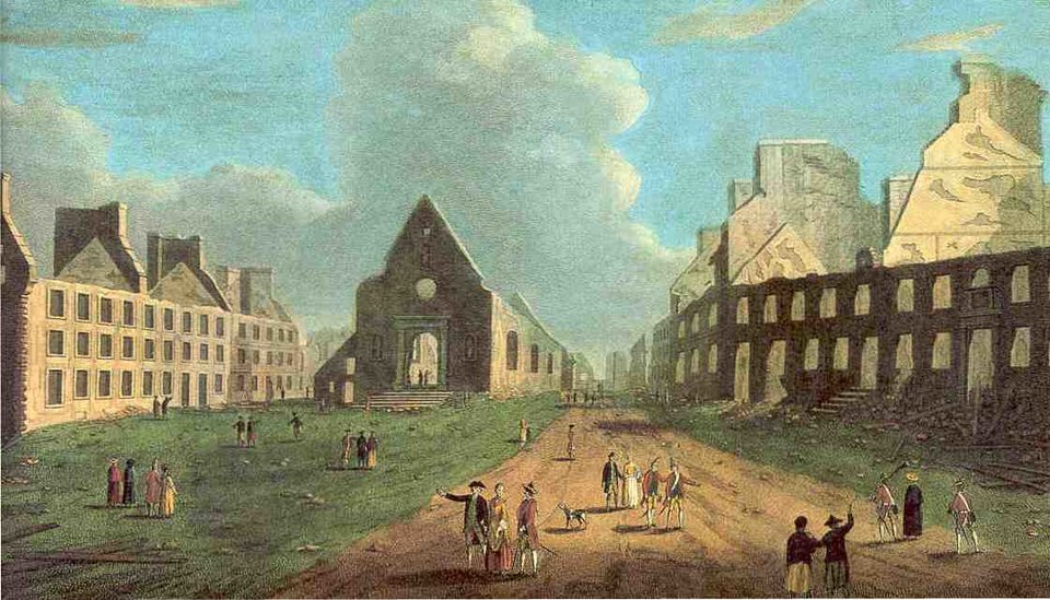 Miasto Quebec po zniszczeniach w wojnie siedmioletniej Miasto Quebec po zniszczeniach w wojnie siedmioletniej Źródło: 1761, domena publiczna.