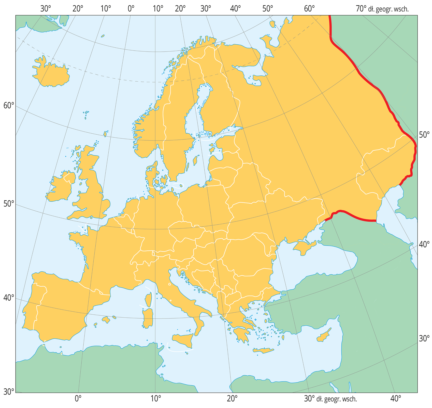 Mapa przedstawia Europę oznaczono na brązowo. Inne kontynenty są szare. Pomiędzy Europą, a Azją narysowano czerwona linię oddzielającą te dwa kontynenty.