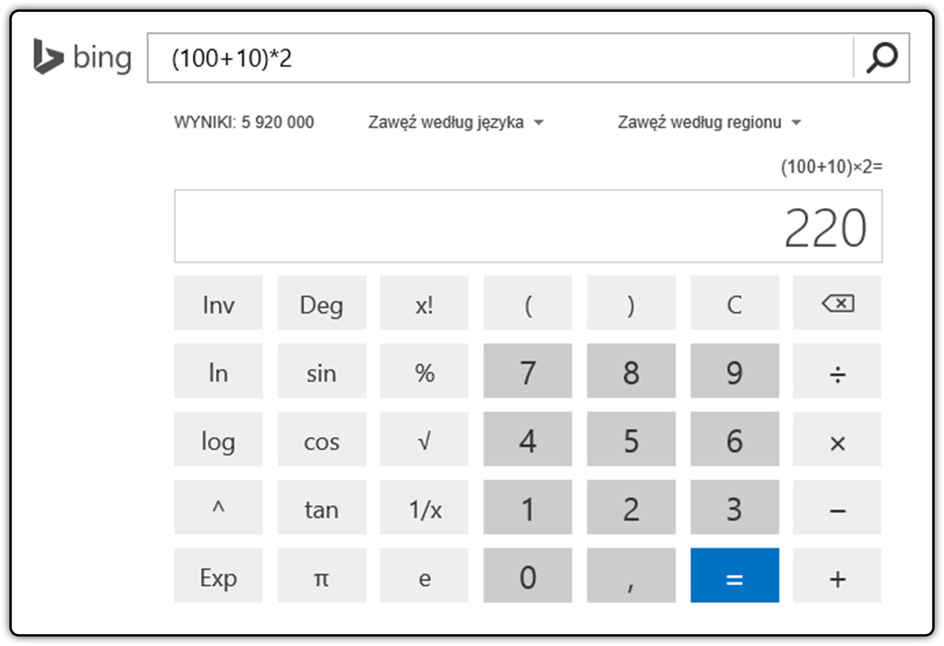 Zrzut okna kalkulatora bing