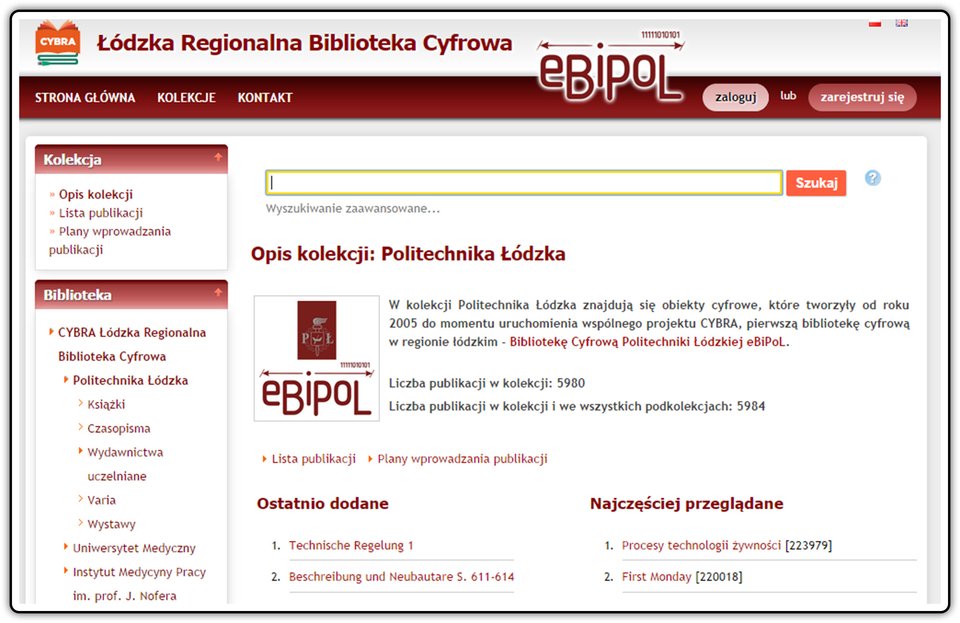 Zrzut okna strony ŁÓDZKIEJ REGIONALNEJ BIBLIOTEKI CYFROWEJ