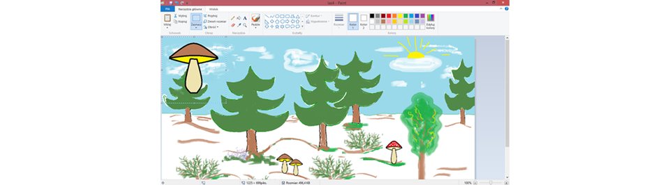Zrzut okna programu Paint z ilustracją przedstawiającą las z grzybami