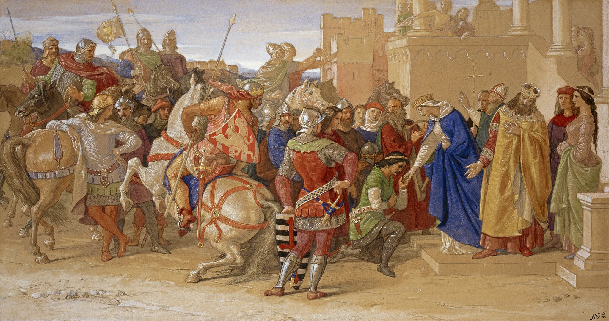 Rycerze Okrągłego Stołu wyruszają na poszukiwanie świętego Graala Źródło: William Dyce, Rycerze Okrągłego Stołu wyruszają na poszukiwanie świętego Graala, 1849, Scottish National Gallery, domena publiczna.