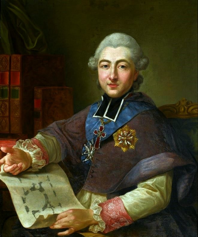 Portret prymasa Michała Poniatowskiego z planem Pałacu w Jabłonnie w dłoni. Źródło: Mateusz Tokarski, Portret prymasa Michała Poniatowskiego z planem Pałacu w Jabłonnie w dłoni., 1776, Olej na płótnie, Muzeum Narodowe w Warszawie, domena publiczna.