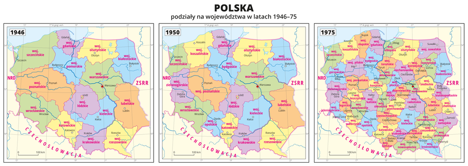 Ilustracja przedstawia trzy mapy ukazujące podziały administracyjne Polski w tysiąc dziewięćset czterdziestym szóstym roku, w tysiąc dziewięćset pięćdziesiątym roku i w tysiąc dziewięćset siedemdziesiątym piątym roku. Województwa oznaczono kolorami i opisano. Opisano państwa sąsiadujące z Polską. Na każdej mapie zapisano rok. Wyraźnie widać, że ilość województw w kolejnych latach zwiększała się. Wszystkie trzy mapy pokryte są równoleżnikami i południkami. Dookoła map w białej ramce opisano współrzędne geograficzne co dwa stopnie.