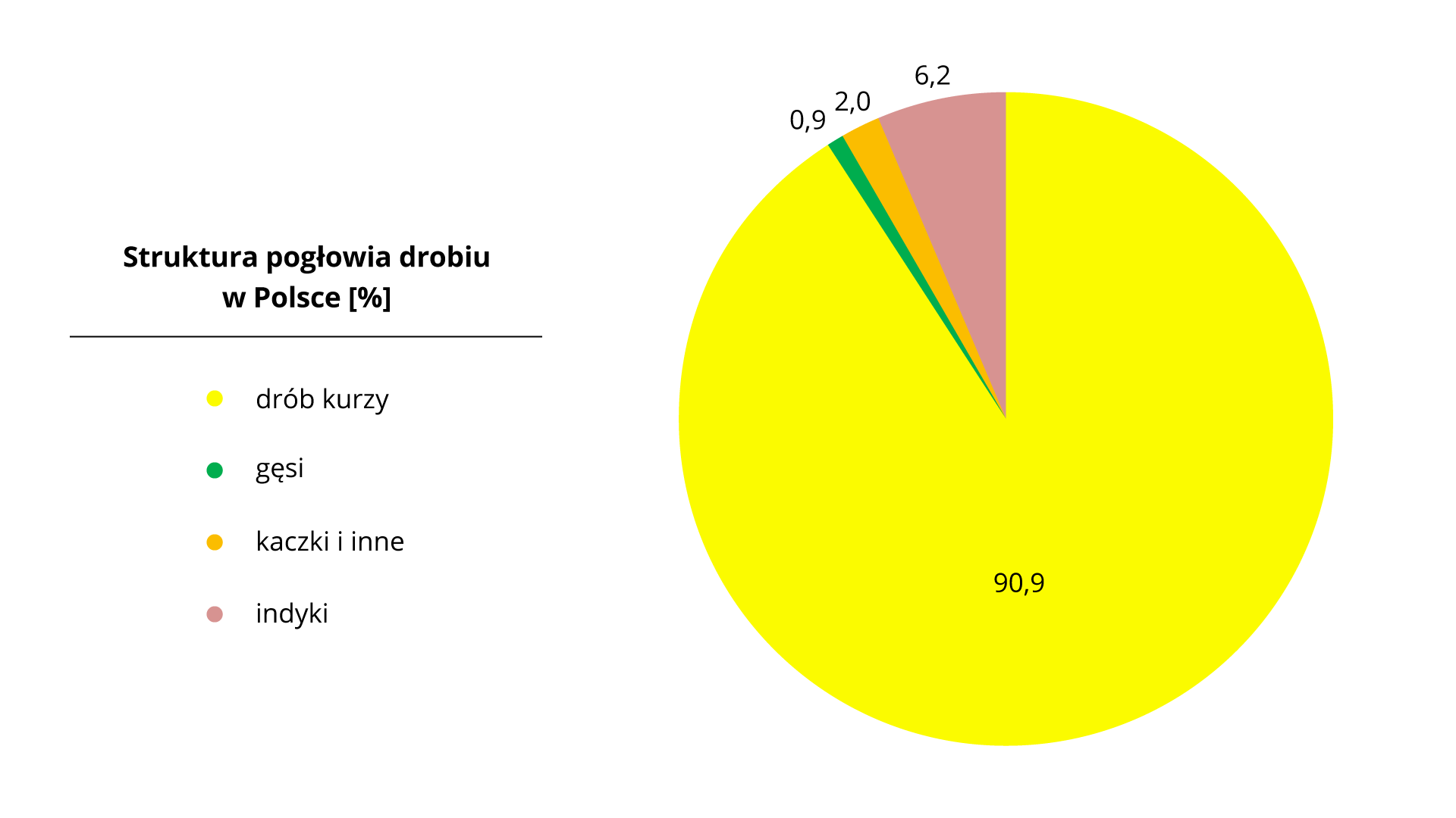 Na ilustracji diagram kołowy – struktura pogłowia drobiu w Polsce. Drób kurzy 90,9%, gęsi 0,9%, indyki 6,2%, kaczki i inne 2,0%.