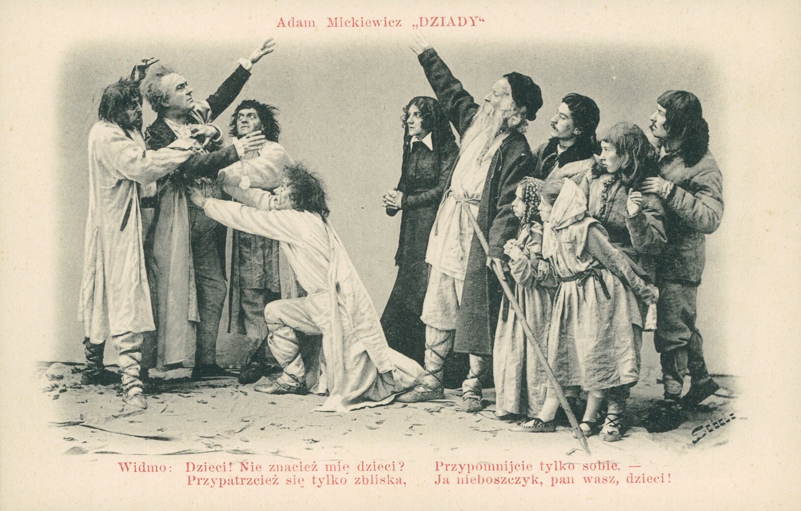 Pocztówka ze spektaklu Dziady Adama Mickiewicza w inscenizacji Stanisława Wyspiańskiego Pocztówka ze spektaklu Dziady Adama Mickiewicza w inscenizacji Stanisława Wyspiańskiego Źródło: Józef Sebald, 1904, domena publiczna.