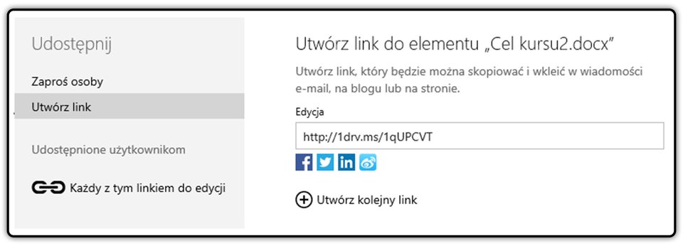 Zrzut okna: Udostępnij z zaznaczoną opcją: Utwórz link