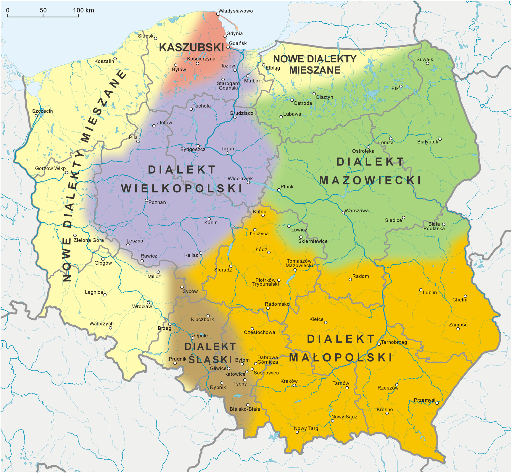 Podział współczesnej Polski na dialekty Podział współczesnej Polski na dialekty Źródło: Wikimedia Commons/Aotearoa, licencja: CC BY-SA 3.0.