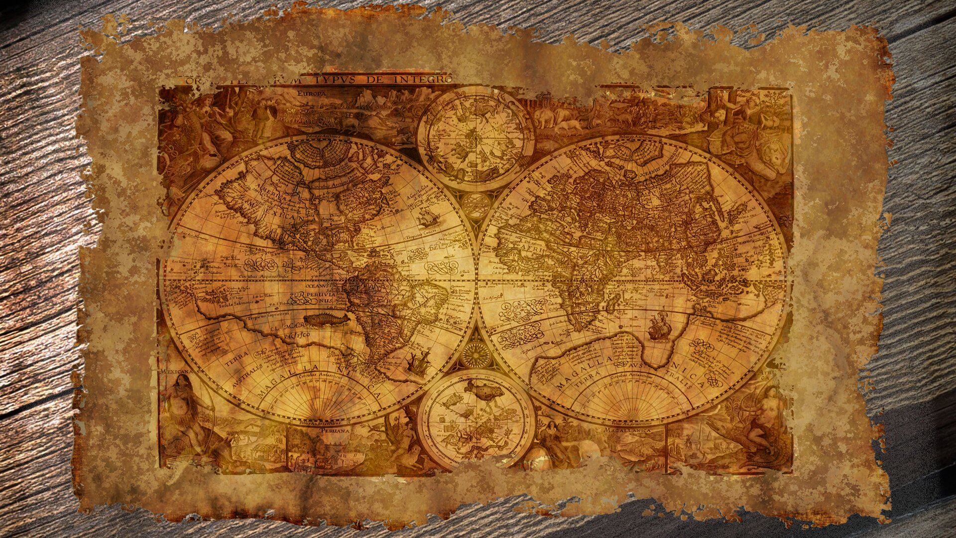 Ilustracja przedstawia fragment postrzępionego papieru lub pergaminu leżący na powierzchni z desek. Na tym arkuszu przedstawiona jest szesnastowieczna mapa świata. Dwa okręgi stykające się ze sobą symbolizują dwie półkule ziemskie. Na nich narysowane są kontury lądów zgodne ze stanem wiedzy w szesnastym wieku. Poza okręgami arkusz wypełniają rysunki ludzi i stworzeń, które miały zamieszkiwać dalekie kraje. Na górnej postrzępionej krawędzi mapy widać fragment tytułu: „…TYPUS DE INTEGRO…”.