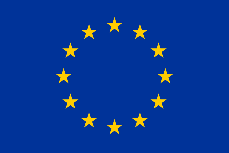 Flaga Unii Europejskiej. Na ciemnoniebieskim tle ułożonych w okrąg dwanaście pięcioramiennych, złotych gwiazd.