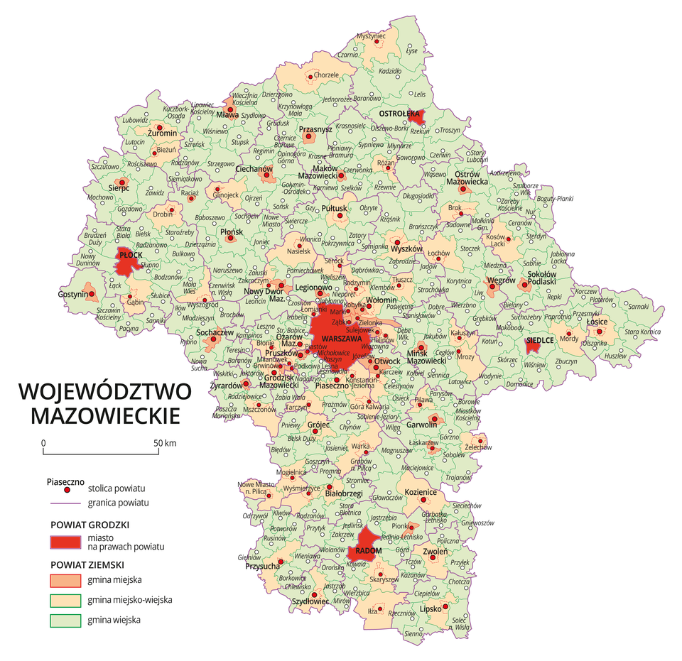Mapa województwa mazowieckiego. Na mapie fioletowymi liniami zaznaczono granice powiatów ziemskich, dużymi czerwonymi kropkami zaznaczono miasta będące stolicami powiatów. W obrębie powiatów ziemskich kolorami wyróżniono gminy miejskie, miejsko-wiejskie i wiejskie. Czerwonym kolorem wyróżniono powiaty grodzkie z miastami na prawach powiatu, miasta te opisano dużymi literami. Kolory i znaki użyte na mapie opisano w legendzie. W legendzie podziałka liniowa.
